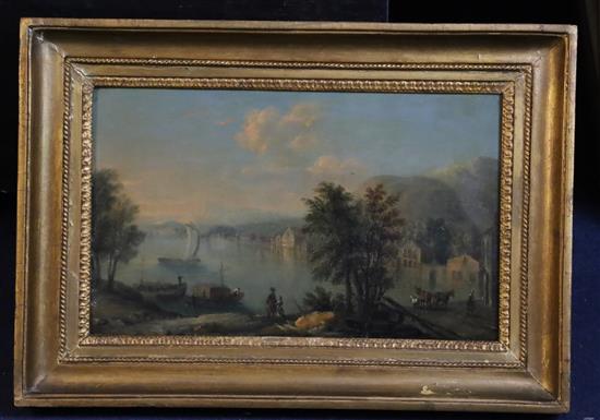 18th century French School River landscape with figures overlooking a hay barge and houses 7.5 x 12.5in.